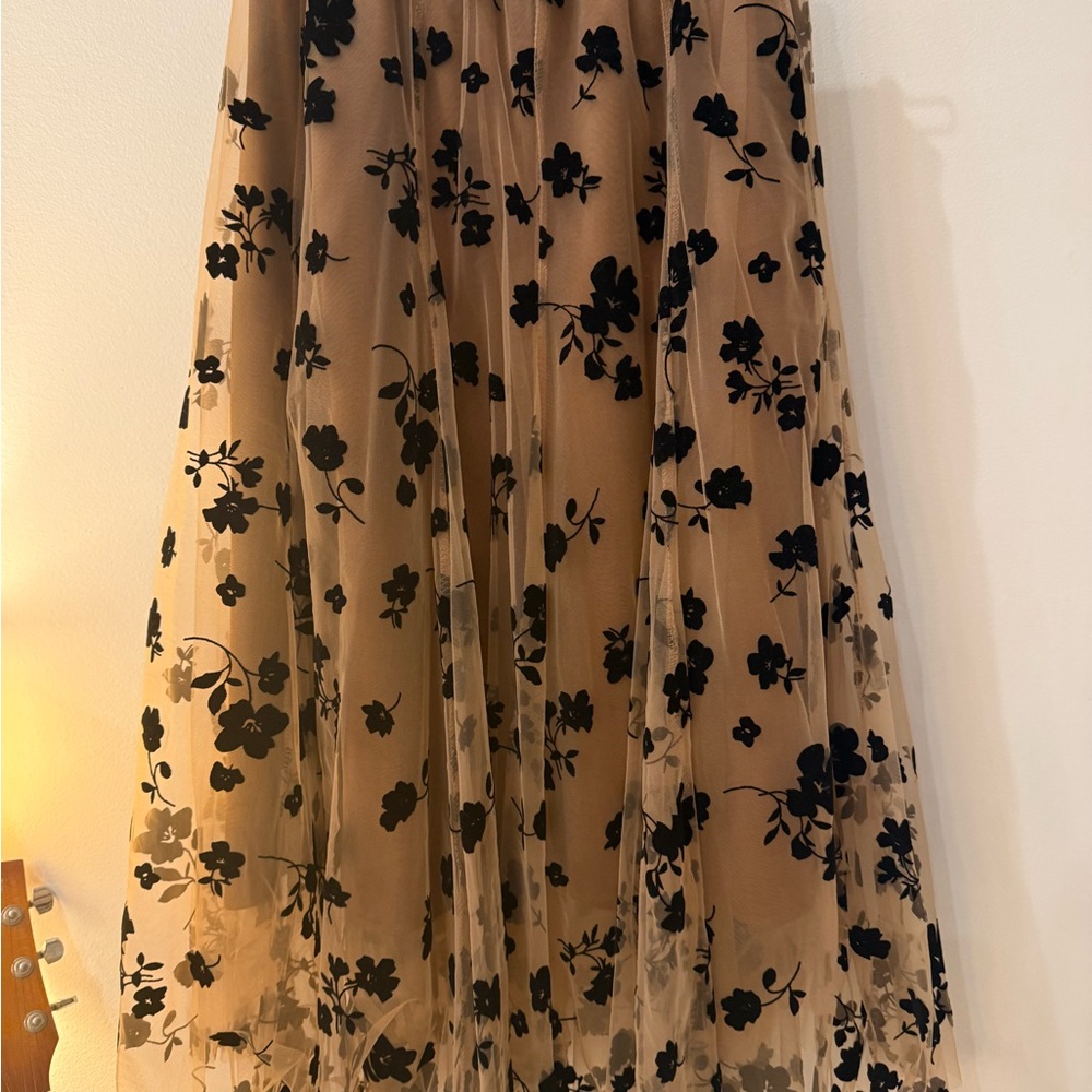 Chicwish Black Floral on Tan A-Line Skirt